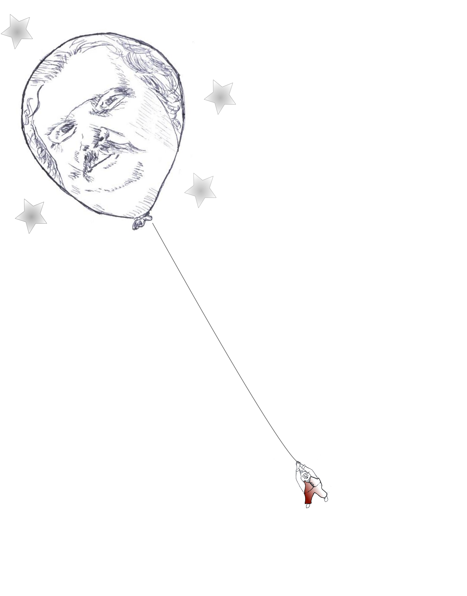 Illustration of Chesterton hanging onto a balloon that looks like his face