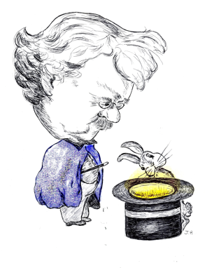 Illustration of Chesterton with a magic wand and a rabbit, looking into a top-hat glowing from the inside