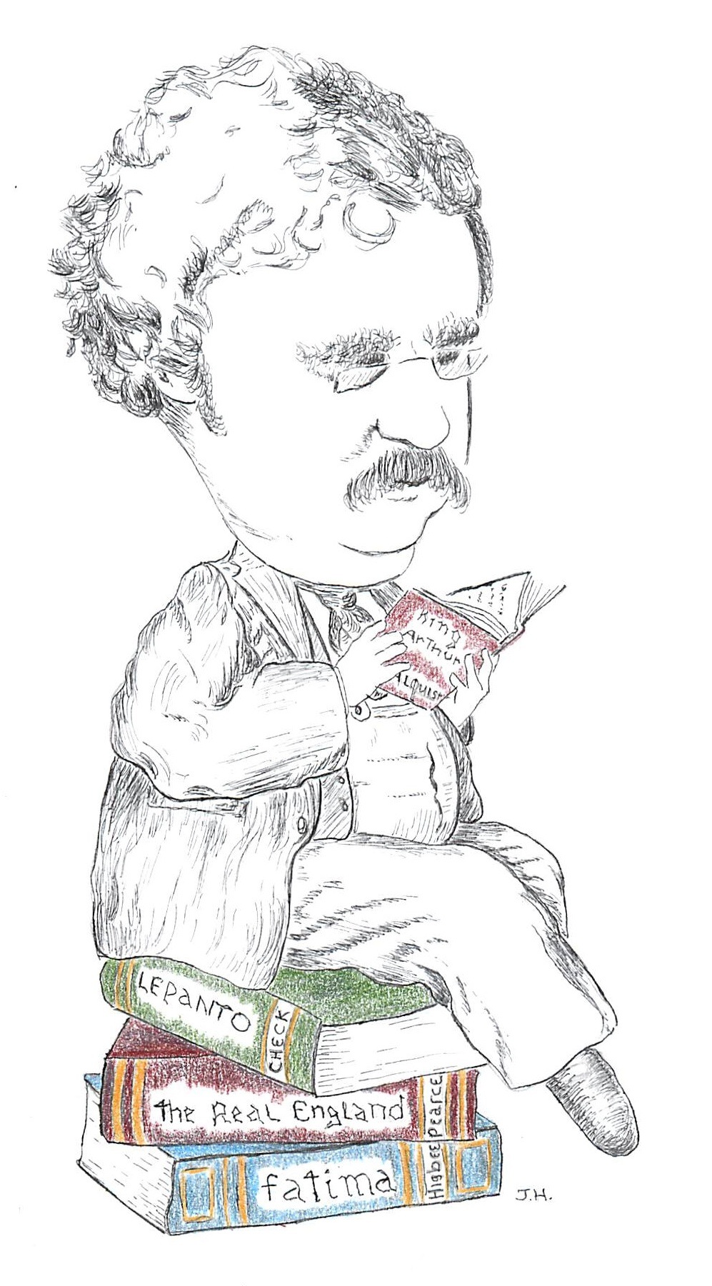 Illustration of Chesterton reading while sitting on a pile of books: Le panto, The Real England, Fatima