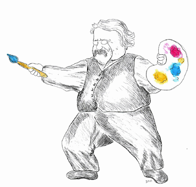 Illustration of Chesterton with a paint brush and palette.