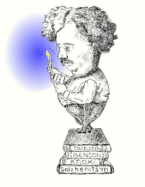Illustration of Chesterton with a candle, on books: Tolkien, Benson, Knox, Solzhenitsyn