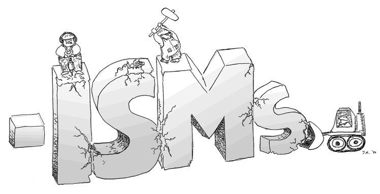 Illustration of Chesterton demolishing the letters -ISMs with a jackhammer, sledge hammer and bull dozer